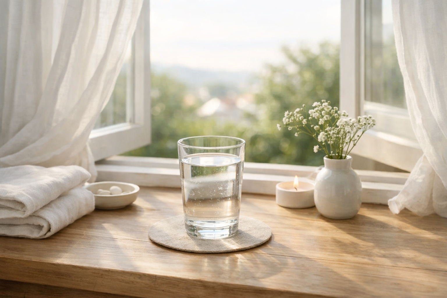 Peaceful morning ritual with glass of water and open window, soft natural light, minimalist wellness scene, fresh start of the day, gentle morning atmosphere