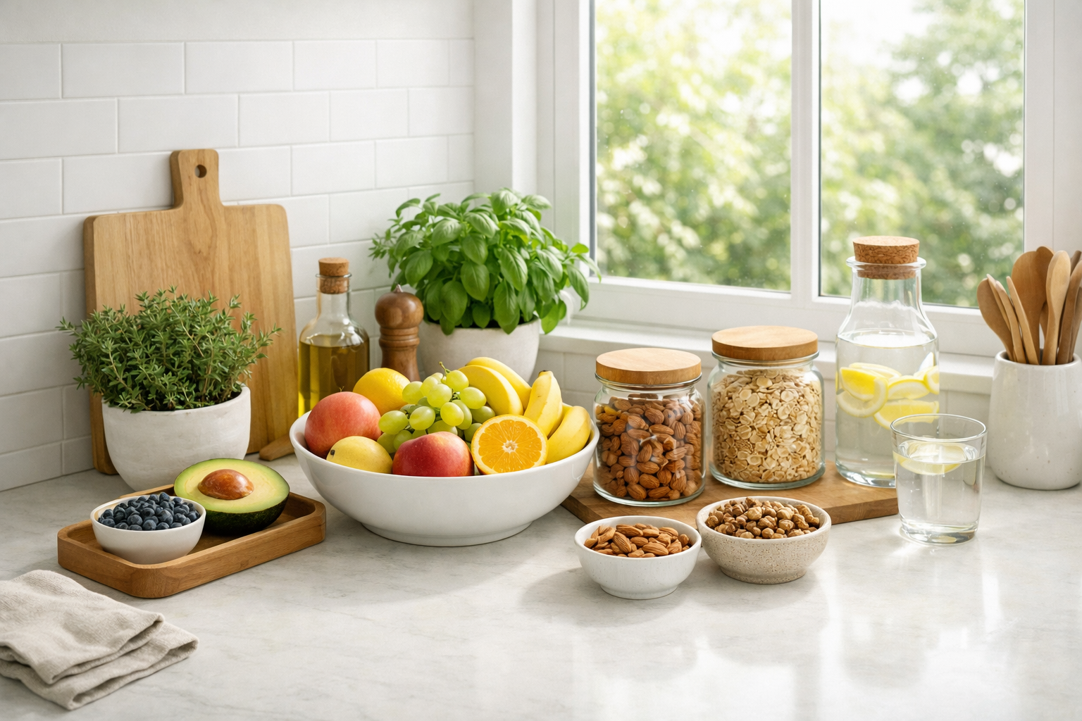 Organized kitchen counter with fresh fruits, herbs by window, nuts in glass jar, wellness-friendly home environment, natural light, clean minimalist space